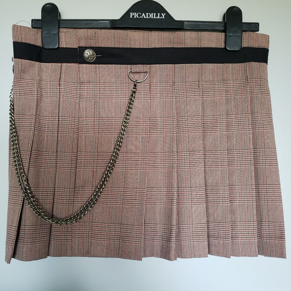 Zinc Plaid Brown Skirt With Chain and Button Skater Skirt Circle Pleated Skirt